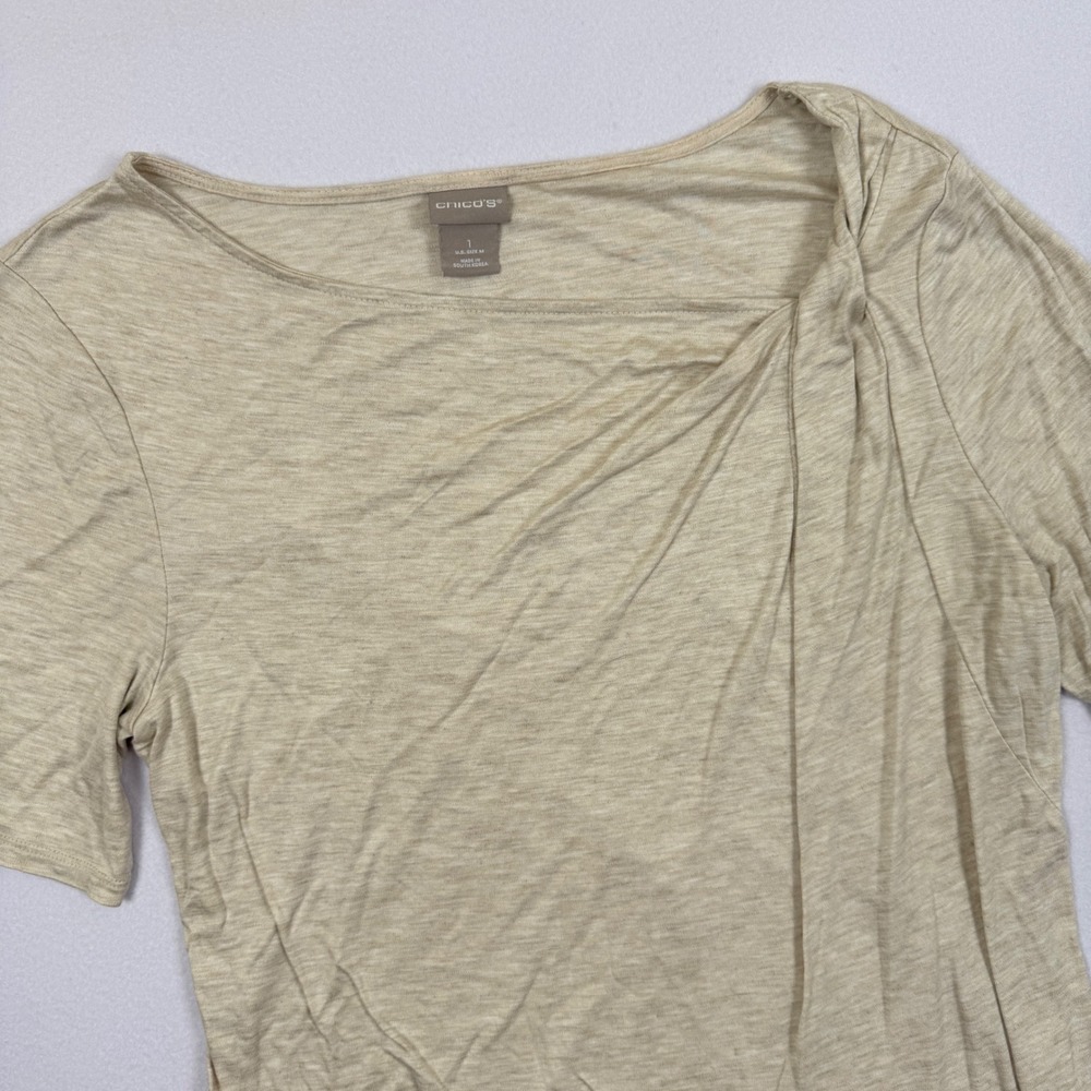 Chicos Beige Oatmeal Modal Short Sleeve Asymmetrical Pleated Top Size 1 Medium